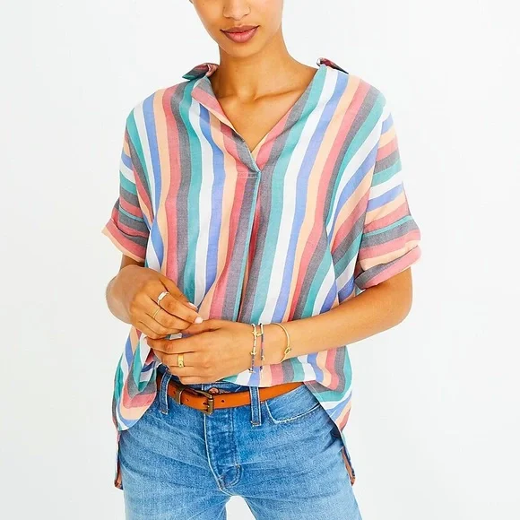 Madewell Rainbow Striped Collared Dolman Sleeve Button-Up Back Coattails Shirt - Picture 7 of 15